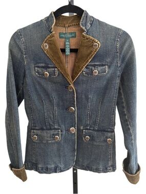 Women's Blue Denim Blazer with Brown Corduroy Trim
